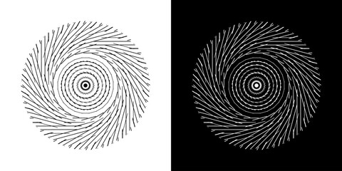 Aufkleber - Abstract background with line pattern forming circle. Spiral art design as logo or icon. Black lines on white background and same white lines on black side. Mandala with line pattern.