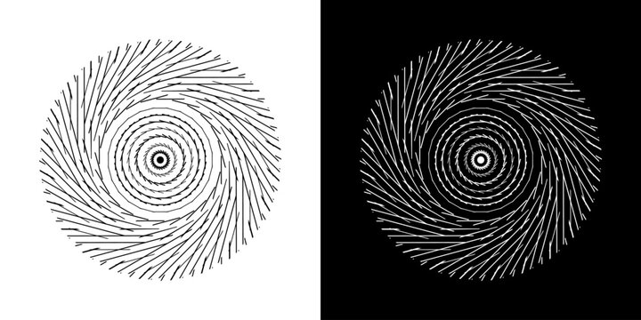 Abstract background with line pattern forming circle. Spiral art design as logo or icon. Black lines on white background and same white lines on black side. Mandala with line pattern.