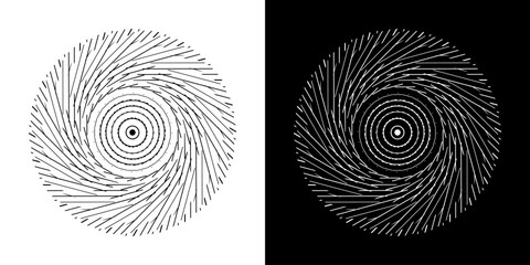 Aufkleber - Abstract background with line pattern forming circle. Spiral art design as logo or icon. Black lines on white background and same white lines on black side. Mandala with line pattern.