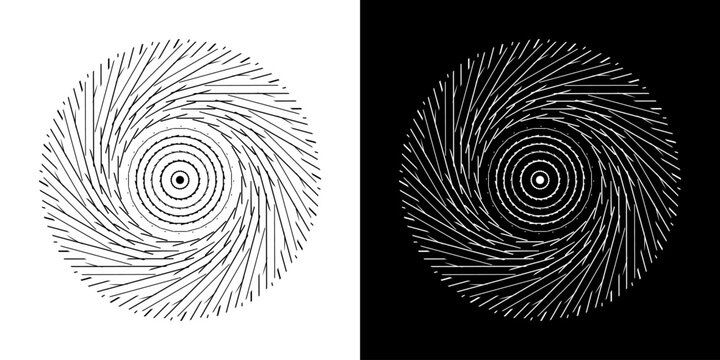 Abstract background with line pattern forming circle. Spiral art design as logo or icon. Black lines on white background and same white lines on black side. Mandala with line pattern.