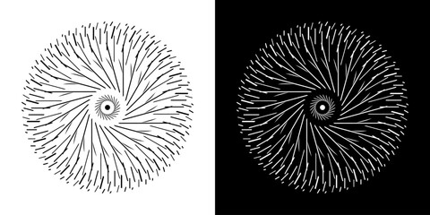 Aufkleber - Abstract background with line pattern forming circle. Spiral art design as logo or icon. Black lines on white background and same white lines on black side. Mandala with line pattern.
