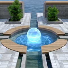 Poster - Glowing Blue Hologram Sphere Floating Above Water Feature
