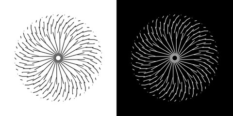 Aufkleber - Abstract background with line pattern forming circle. Spiral art design as logo or icon. Black lines on white background and same white lines on black side. Mandala with line pattern.