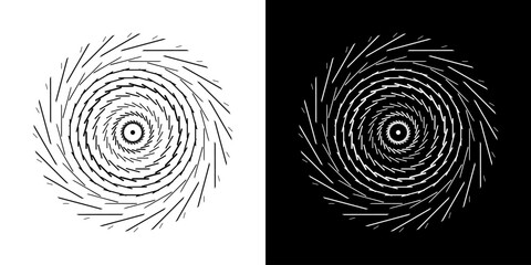 Aufkleber - Abstract background with line pattern forming circle. Spiral art design as logo or icon. Black lines on white background and same white lines on black side. Mandala with line pattern.