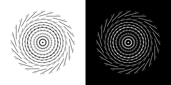 Abstract background with line pattern forming circle. Spiral art design as logo or icon. Black lines on white background and same white lines on black side. Mandala with line pattern.
