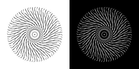 Aufkleber - Abstract background with line pattern forming circle. Spiral art design as logo or icon. Black lines on white background and same white lines on black side. Mandala with line pattern.