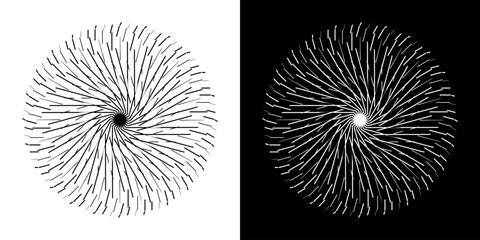 Aufkleber - Abstract background with line pattern forming circle. Spiral art design as logo or icon. Black lines on white background and same white lines on black side. Mandala with line pattern.