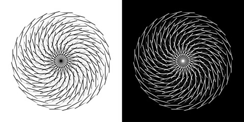 Aufkleber - Abstract background with line pattern forming circle. Spiral art design as logo or icon. Black lines on white background and same white lines on black side. Mandala with line pattern.