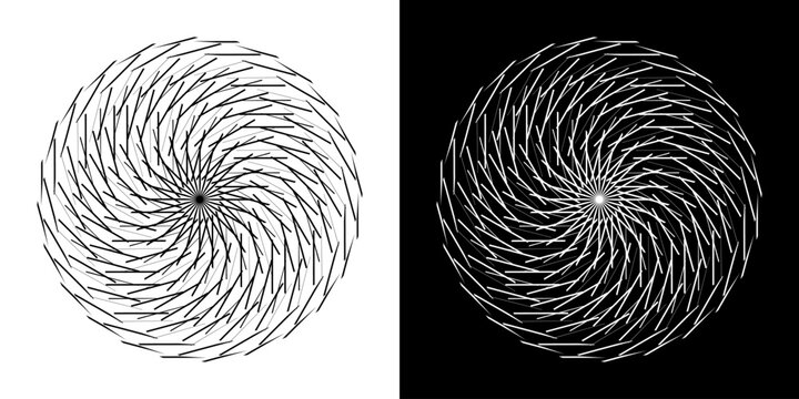 Abstract background with line pattern forming circle. Spiral art design as logo or icon. Black lines on white background and same white lines on black side. Mandala with line pattern.