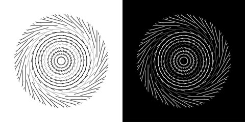 Aufkleber - Abstract background with line pattern forming circle. Spiral art design as logo or icon. Black lines on white background and same white lines on black side. Mandala with line pattern.