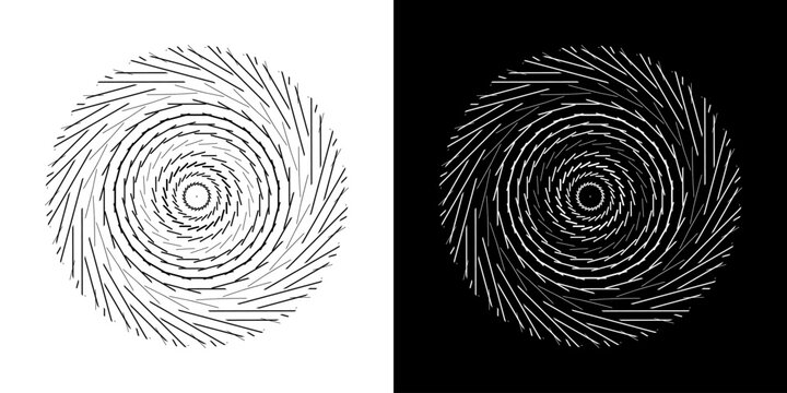 Abstract background with line pattern forming circle. Spiral art design as logo or icon. Black lines on white background and same white lines on black side. Mandala with line pattern.