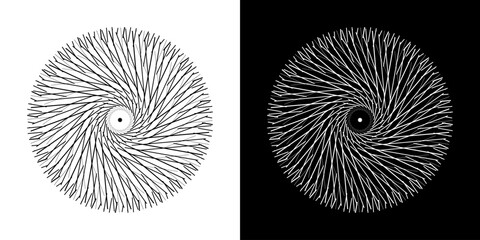 Aufkleber - Abstract background with line pattern forming circle. Spiral art design as logo or icon. Black lines on white background and same white lines on black side. Mandala with line pattern.
