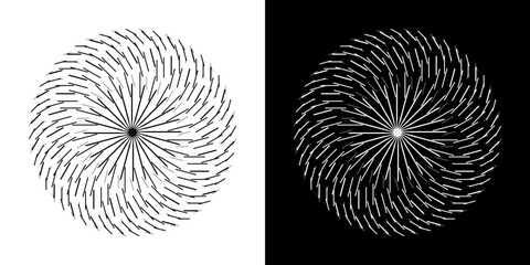 Aufkleber - Abstract background with line pattern forming circle. Spiral art design as logo or icon. Black lines on white background and same white lines on black side. Mandala with line pattern.