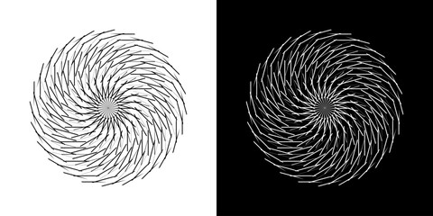 Aufkleber - Abstract background with line pattern forming circle. Spiral art design as logo or icon. Black lines on white background and same white lines on black side. Mandala with line pattern.