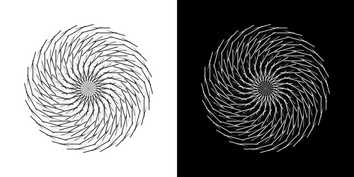 Abstract background with line pattern forming circle. Spiral art design as logo or icon. Black lines on white background and same white lines on black side. Mandala with line pattern.