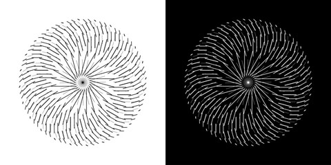 Aufkleber - Abstract background with line pattern forming circle. Spiral art design as logo or icon. Black lines on white background and same white lines on black side. Mandala with line pattern.