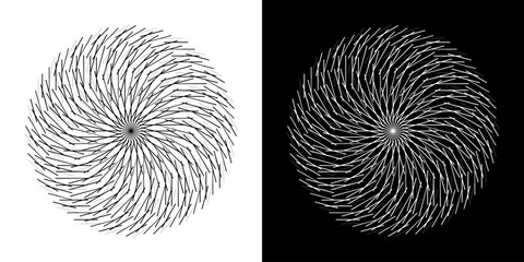 Aufkleber - Abstract background with line pattern forming circle. Spiral art design as logo or icon. Black lines on white background and same white lines on black side. Mandala with line pattern.