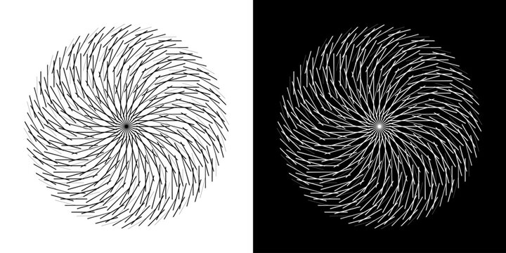 Abstract background with line pattern forming circle. Spiral art design as logo or icon. Black lines on white background and same white lines on black side. Mandala with line pattern.