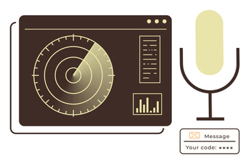 Poster - Radar interface with scanning signals, graphs, and data, accompanied by a microphone and notification panel. Ideal for technology, AI, communication, data tracking, security analytics futuristic