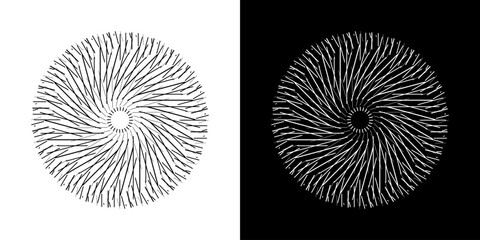 Aufkleber - Abstract background with line pattern forming circle. Spiral art design as logo or icon. Black lines on white background and same white lines on black side. Mandala with line pattern.