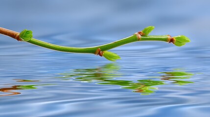 Poster - Green Twig with New Leaves Reflecting in Calm Blue Water