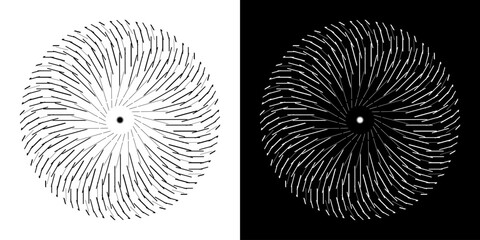 Aufkleber - Abstract background with line pattern forming circle. Spiral art design as logo or icon. Black lines on white background and same white lines on black side. Mandala with line pattern.