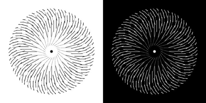 Abstract background with line pattern forming circle. Spiral art design as logo or icon. Black lines on white background and same white lines on black side. Mandala with line pattern.