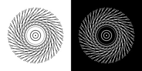 Aufkleber - Abstract background with line pattern forming circle. Spiral art design as logo or icon. Black lines on white background and same white lines on black side. Mandala with line pattern.