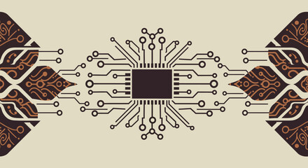 Fototapete - Abstract circuit board design featuring a central processor flanked by ornate, leaf-like patterns.