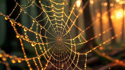 A glistening spiderweb, adorned with morning dew, hangs in a sunlit forest.