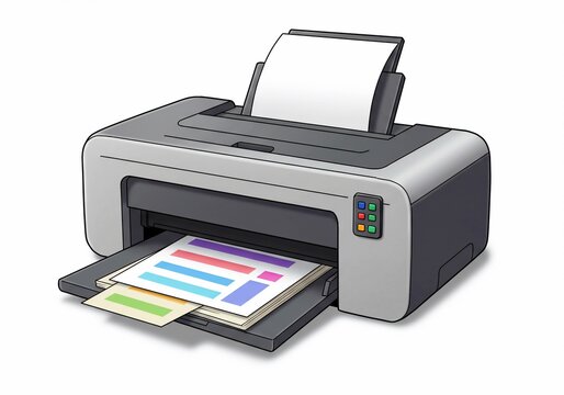 Gray printer with colorful document and blank paper, isolated on white background