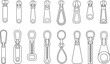 © Khadija Creatives - Zipper puller vector set, flat fashion accessory outline design, garment hardware collection, clothing zipper styles, technical drawing elements