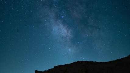 Wall Mural - perseid meteor shower and milky way galaxy 50mm southeast sky tilt up over canyon blue time lapse