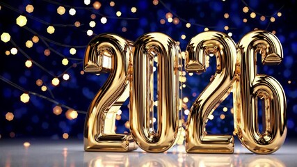 Shiny golden balloons forming the number 2026 stand on a reflective surface, celebrating the upcoming New Year against a backdrop of glowing fairy lights and a blurred blue background