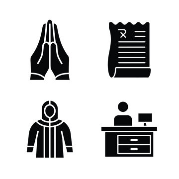 Four black icons praying hands receipt hooded figure reception desk