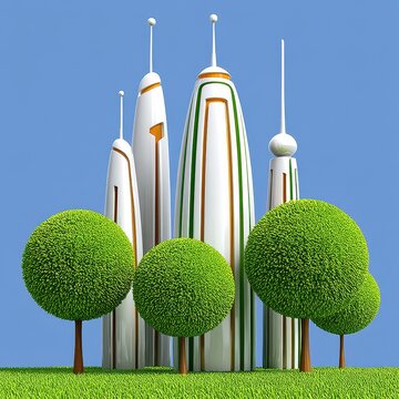 Futuristic Cityscape with Green Trees and White Towers