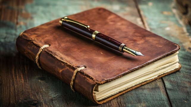 Antique leather journal and fountain pen evoking timeless artistry and craftsmanship