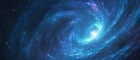 Mesmerizing digital artwork of a black hole in outer space surrounded by blue and purple hues, stars, and galaxies.