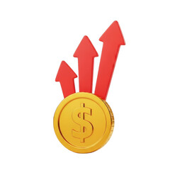 Poster - 3d gold dollar coin with upward arrows isolated on transparent background