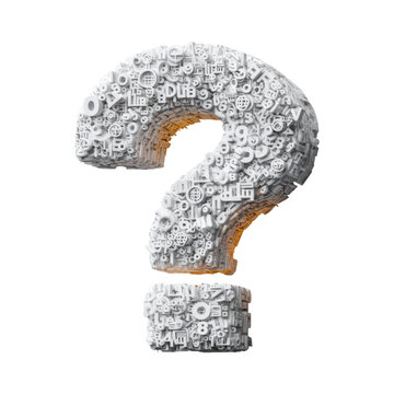 3D Question Mark Made from White Icons on Transparent Background