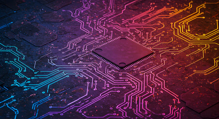 Poster - Cybernetic Nexus: A vibrant and detailed illustration of a computer microchip, interwoven with glowing circuits, representing the complex network of modern technology.