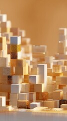 Fototapete - A creative arrangement of beige and white cubes forming an abstract cityscape with warm lighting effect