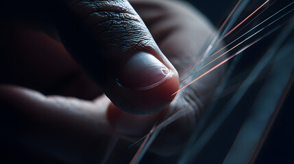 Poster - Human Hand Touching Light: A person's hand delicately interacts with illuminated strands of light, symbolizing the interconnectedness of the human experience and the potential of modern technology.