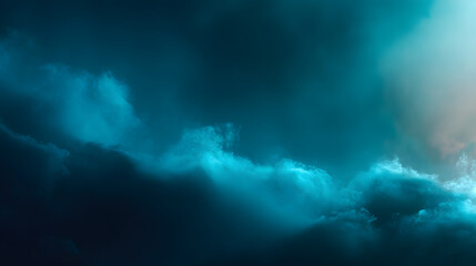 Poster - Teal Cloudscape: An ethereal teal cloudscape unfolds, a dramatic and moody scene where dark, swirling clouds meet a lighter, almost luminescent edge.