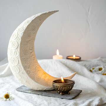moon crescent holding Diya lamp white background