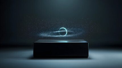 Fototapete - Abstract Ring of Light: An ethereal halo of light hovers above a dark, futuristic platform, evoking a sense of mystery and advanced technology in a sleek, modern setting.