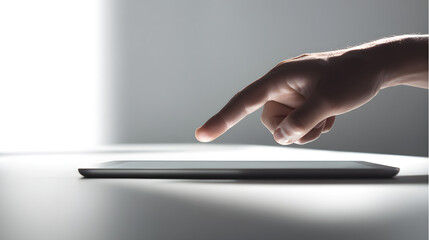 Fototapete - Fingertip on Tablet:A finger gently touches a tablet's screen, suggesting interaction and connection in the digital world. The scene is minimalist, with soft lighting highlighting the interaction.