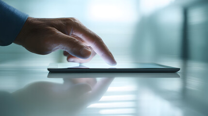 Poster - Digital Interaction: A close-up captures a hand gracefully interacting with a digital tablet, a symbol of modern technology, as the finger delicately touches the illuminated screen. 
