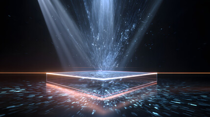 Poster - Illuminated Stage: A mesmerizing abstract display of a luminous cube stage, bathed in radiant light, offering a compelling visual narrative of transformation and power. 
