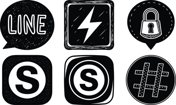 Vector art of handdrawn style icons including a speech bubble with line, a lightning bolt, a padlock, and more isolated on transparent background